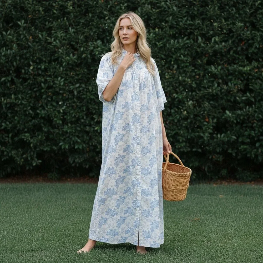 NWT LILLOU Floral Maxi Dress Sz S  Full Button Cottage Regency French Toile